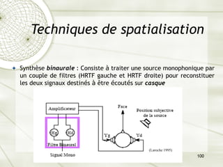 Florent MICHEL 100
Techniques de spatialisation
ª Synthèse binaurale : Consiste à traiter une source monophonique par
un couple de filtres (HRTF gauche et HRTF droite) pour reconstituer
les deux signaux destinés à être écoutés sur casque
(Laroche 1995)
 