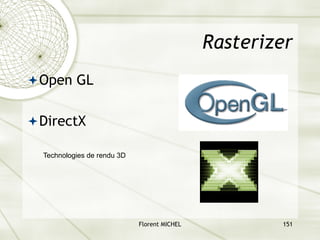 Florent MICHEL 151
Rasterizer
ªOpen GL
ªDirectX
Technologies de rendu 3D
 