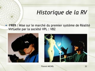 Florent MICHEL 22
Historique de la RV
ª 1989 : Mise sur le marché du premier système de Réalité
Virtuelle par la société VPL : VB2
 