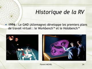 Florent MICHEL 24
Historique de la RV
ª 1996 : Le GMD (Allemagne) développe les premiers plans
de travail virtuel : le Workbench™ et le Holobench™
 