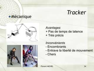 Florent MICHEL 34
Tracker
ªMécanique
Avantages
+ Pas de temps de latence
+ Très précis
Inconvénients
- Encombrants
- Entrave la liberté de mouvement
- Chers
 