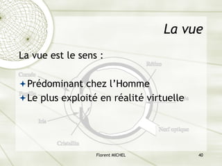 Florent MICHEL 40
La vue
La vue est le sens :
ªPrédominant chez l’Homme
ªLe plus exploité en réalité virtuelle
 