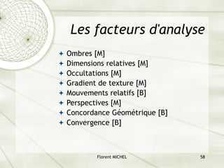 Florent MICHEL 58
Les facteurs d'analyse
ª Ombres [M]
ª Dimensions relatives [M]
ª Occultations [M]
ª Gradient de texture [M]
ª Mouvements relatifs [B]
ª Perspectives [M]
ª Concordance Géométrique [B]
ª Convergence [B]
 