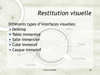 Florent MICHEL 65
Restitution visuelle
Différents types d’interfaces visuelles:
ª Desktop
ª Table immersive
ª Salle immersive
ª Cube immersif
ª Casque immersif
 