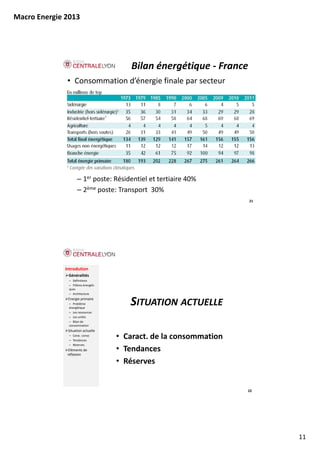 Macro Energie 2013




                                          Bilan énergétique ‐ France
               • Consommation d’énergie finale par secteur




                     – 1er poste: Résidentiel et tertiaire 40%
                     – 2ème poste: Transport  30%
                                                                       21




              Introdution
               Généralités
               – Définitions
               – Filières énergéti‐
               ques
               – Architecture
               Energie primaire
               – Problème 
               énergétique
                                         SITUATION ACTUELLE
               – Les ressources
               – Les unités
               – Bilan de 
               consommation
               Situation actuelle
               – Carac. conso
               – Tendances
                                      • Caract. de la consommation 
               – Réserves
                Eléments de           • Tendances
               réflexion

                                      • Réserves


                                                                      22




                                                                            11
 
