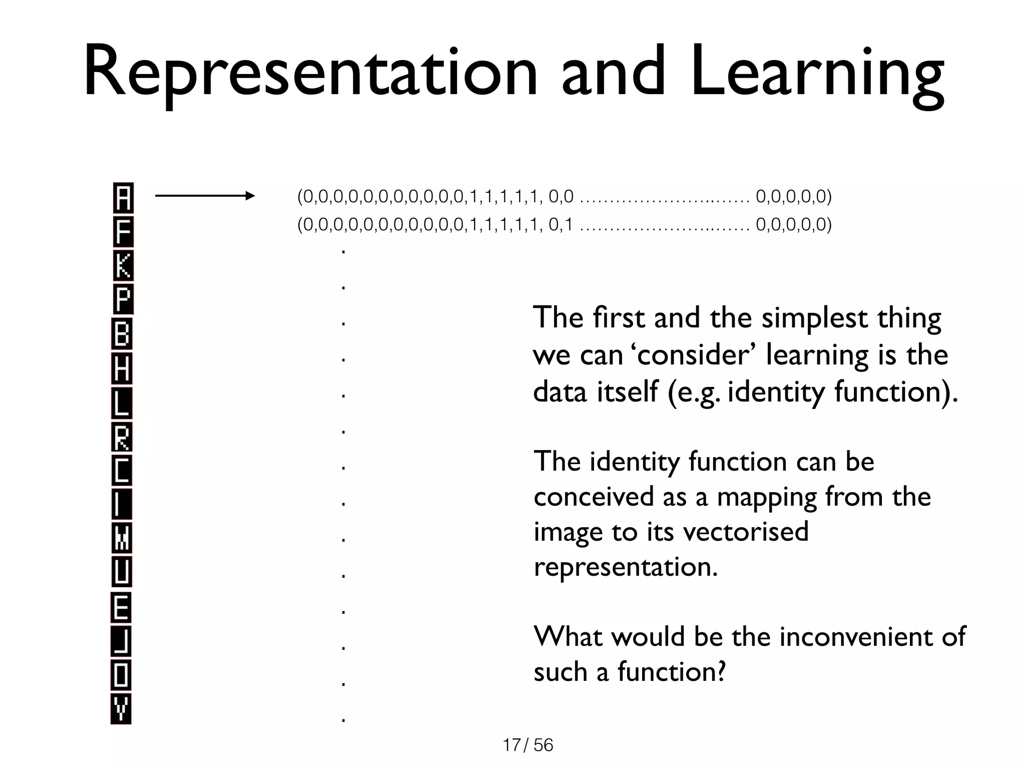 / 56
The ﬁrst and the simplest thing
we can ‘consider’ learning is the
data itself (e.g. identity function).
17
Representation and Learning
(0,0,0,0,0,0,0,0,0,0,0,1,1,1,1,1, 0,0 …………………..…… 0,0,0,0,0)
(0,0,0,0,0,0,0,0,0,0,0,1,1,1,1,1, 0,1 …………………..…… 0,0,0,0,0)
.
.
.
.
.
.
.
.
.
.
.
.
.
.
The identity function can be
conceived as a mapping from the
image to its vectorised
representation.
What would be the inconvenient of
such a function?
 