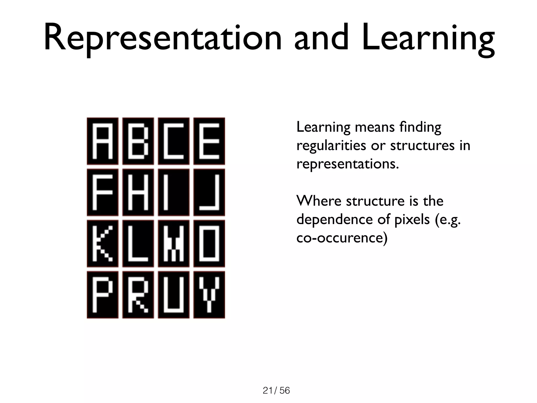 / 5621
Representation and Learning
Learning means ﬁnding
regularities or structures in
representations.
Where structure is the
dependence of pixels (e.g.
co-occurence)
 