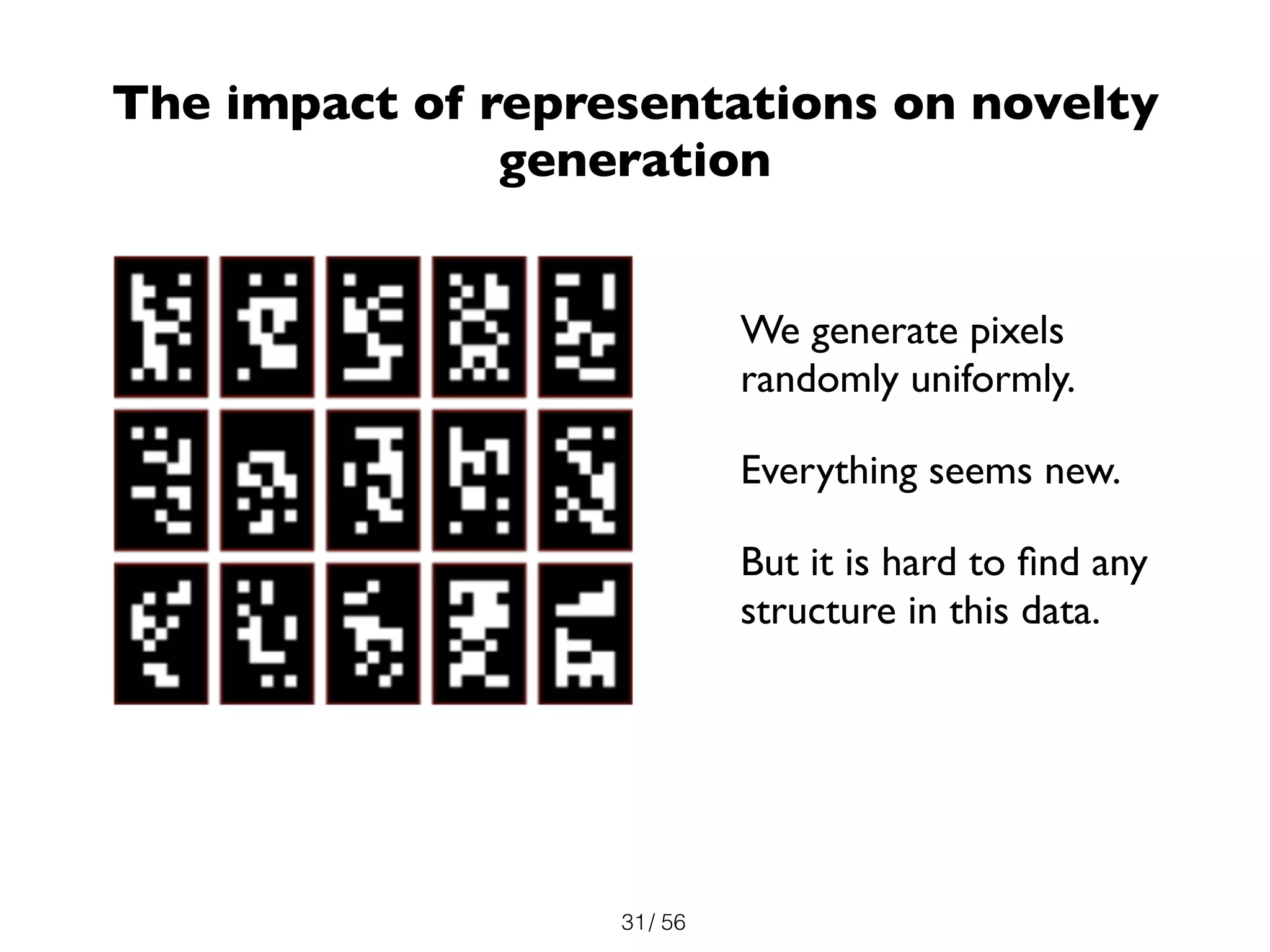 / 56
We generate pixels
randomly uniformly.
Everything seems new.
But it is hard to ﬁnd any
structure in this data.
31
The impact of representations on novelty
generation
 