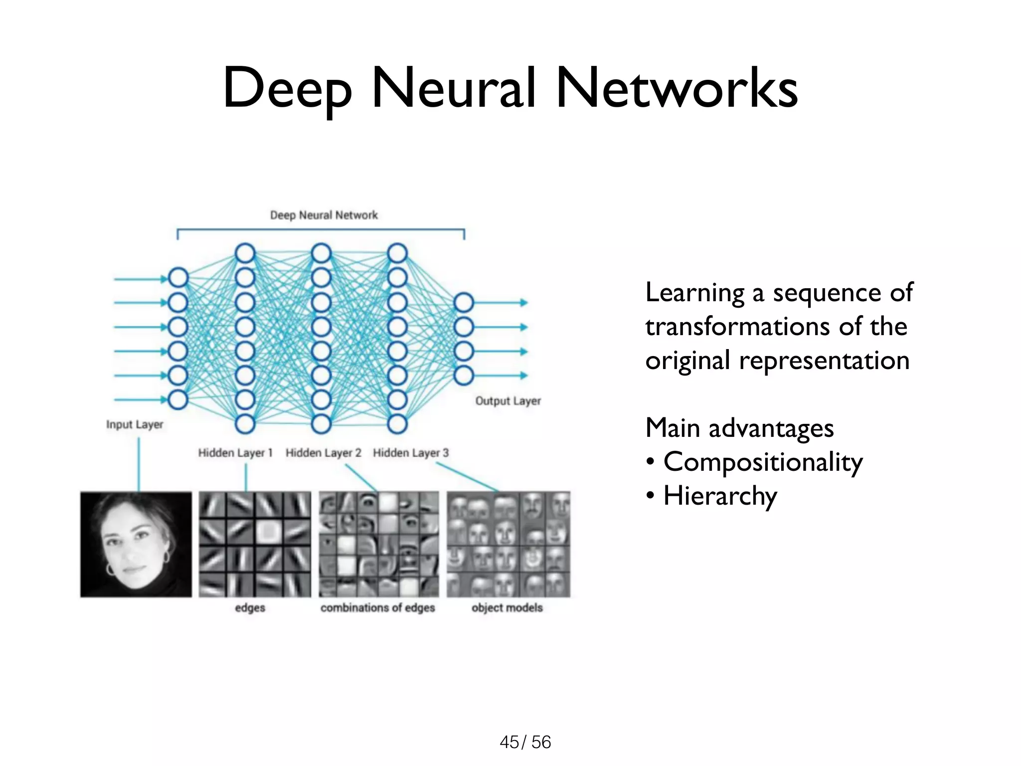 / 56
Deep Neural Networks
45
Learning a sequence of
transformations of the
original representation
Main advantages
• Compositionality
• Hierarchy
 