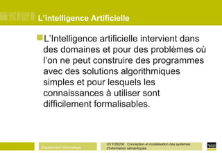 Département Informatique
UV F2B206 Conception et modélisation des systèmes
d'information sémantiques
L’intelligence Artificielle
L’Intelligence artificielle intervient dans
des domaines et pour des problèmes où
l’on ne peut construire des programmes
avec des solutions algorithmiques
simples et pour lesquels les
connaissances à utiliser sont
difficilement formalisables.
 