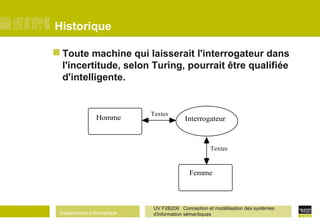 Département Informatique
UV F2B206 Conception et modélisation des systèmes
d'information sémantiques
Historique
 Toute machine qui laisserait l'interrogateur dans
l'incertitude, selon Turing, pourrait être qualifiée
d'intelligente.
Homme
Femme
Interrogateur
Textes
Textes
 