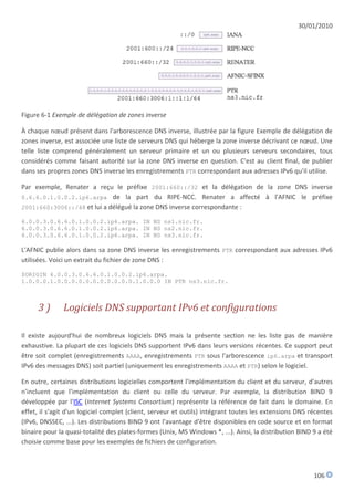 30/01/2010




Figure 6-1 Exemple de délégation de zones inverse

À chaque nœud présent dans l'arborescence DNS inverse, illustrée par la figure Exemple de délégation de
zones inverse, est associée une liste de serveurs DNS qui héberge la zone inverse décrivant ce nœud. Une
telle liste comprend généralement un serveur primaire et un ou plusieurs serveurs secondaires, tous
considérés comme faisant autorité sur la zone DNS inverse en question. C'est au client final, de publier
dans ses propres zones DNS inverse les enregistrements PTR correspondant aux adresses IPv6 qu'il utilise.

Par exemple, Renater a reçu le préfixe 2001:660::/32 et la délégation de la zone DNS inverse
0.6.6.0.1.0.0.2.ip6.arpa de la part du RIPE-NCC. Renater a affecté à l'AFNIC le préfixe
2001:660:3006::/48 et lui a délégué la zone DNS inverse correspondante :

6.0.0.3.0.6.6.0.1.0.0.2.ip6.arpa. IN NS ns1.nic.fr.
6.0.0.3.0.6.6.0.1.0.0.2.ip6.arpa. IN NS ns2.nic.fr.
6.0.0.3.0.6.6.0.1.0.0.2.ip6.arpa. IN NS ns3.nic.fr.

L'AFNIC publie alors dans sa zone DNS inverse les enregistrements PTR correspondant aux adresses IPv6
utilisées. Voici un extrait du fichier de zone DNS :

$ORIGIN 6.0.0.3.0.6.6.0.1.0.0.2.ip6.arpa.
1.0.0.0.1.0.0.0.0.0.0.0.0.0.0.0.1.0.0.0 IN PTR ns3.nic.fr.



      3)       Logiciels DNS supportant IPv6 et configurations

Il existe aujourd'hui de nombreux logiciels DNS mais la présente section ne les liste pas de manière
exhaustive. La plupart de ces logiciels DNS supportent IPv6 dans leurs versions récentes. Ce support peut
être soit complet (enregistrements AAAA, enregistrements PTR sous l'arborescence ip6.arpa et transport
IPv6 des messages DNS) soit partiel (uniquement les enregistrements AAAA et PTR) selon le logiciel.

En outre, certaines distributions logicielles comportent l'implémentation du client et du serveur, d'autres
n'incluent que l'implémentation du client ou celle du serveur. Par exemple, la distribution BIND 9
développée par l'ISC (Internet Systems Consortium) représente la référence de fait dans le domaine. En
effet, il s'agit d'un logiciel complet (client, serveur et outils) intégrant toutes les extensions DNS récentes
(IPv6, DNSSEC, ...). Les distributions BIND 9 ont l'avantage d'être disponibles en code source et en format
binaire pour la quasi-totalité des plates-formes (Unix, MS Windows *, ...). Ainsi, la distribution BIND 9 a été
choisie comme base pour les exemples de fichiers de configuration.



                                                                                                        106
 