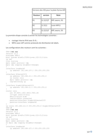 30/01/2010
                                 Versions des IOS pour la plate-forme 6PE

                                  Routeur      version         Note

                                 R1          12.2(15)T   6PE aware, DS

                                 R2          12.3(1)     Juste MPLS

                                 R3          12.2(15)T   6PE aware, DS

La première étape consiste à activer les technologies suivantes :

      routage interne IPv4 avec IS-IS ;
      MPLS avec LDP comme protocole de distribution de labels.

Les configurations des routeurs sont les suivantes :
6PE-1#sh run
version 12.2
hostname 6PE-1
boot system disk0:c7200-js-mz.122-15.T.bin
ip cef
clns routing
mpls label protocol ldp
mpls ldp logging neighbor-changes
!
interface Loopback6
    ip address 192.168.127.1 255.255.255.255
!
interface Ethernet0/0
    ip address 192.168.12.1 255.255.255.0
    ip router isis
    mpls label protocol ldp
    tag-switching ip
!
interface GigabitEthernet0/0
    ip address 192.168.11.1 255.255.255.0
!
router isis
    net 49.0001.1921.6812.7001.00
    is-type level-2-only
    metric-style wide
    redistribute connected
    passive-interface GigabitEthernet0/0
    passive-interface Loopback6
!
ip route 192.168.111.0 255.255.255.0 GigabitEthernet0/0
6PE-1#
6PE-2#sh run
version 12.2
hostname 6PE-2
boot system disk0:c7200-js-mz.122-15.T.bin
ip cef
clns routing
mpls label protocol ldp
no mpls ldp logging neighbor-changes
!
interface Loopback6
    ip address 192.168.127.3 255.255.255.255

                                                                                167
 