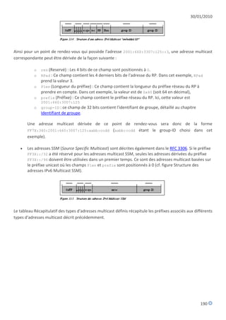 30/01/2010




Ainsi pour un point de rendez-vous qui possède l'adresse 2001:660:3307:125::3, une adresse multicast
correspondante peut être dérivée de la façon suivante :

           o   res (Reservé) : Les 4 bits de ce champ sont positionnés à 0.
           o   RPad : Ce champ contient les 4 derniers bits de l'adresse du RP. Dans cet exemple, RPad
             prend la valeur 3.
           o Plen (Longueur du préfixe) : Ce champ contient la longueur du préfixe réseau du RP à
             prendre en compte. Dans cet exemple, la valeur est de 0x40 (soit 64 en décimal),
           o prefix (Préfixe) : Ce champ contient le préfixe réseau du RP. Ici, cette valeur est
               2001:660:3007:125
           o   group-ID : ce champ de 32 bits contient l'identifiant de groupe, détaillé au chapitre
               Identifiant de groupe.

       Une adresse multicast dérivée de ce point de rendez-vous sera donc de la forme
       FF7X:340:2001:660:3007:125:aabb:ccdd (aabb:ccdd étant le group-ID choisi dans cet
       exemple).

      Les adresses SSM (Source Specific Multicast) sont décrites également dans le RFC 3306. Si le préfixe
       FF3X::/32 a été réservé pour les adresses multicast SSM, seules les adresses dérivées du préfixe
       FF3X::/96 doivent être utilisées dans un premier temps. Ce sont des adresses multicast basées sur
       le préfixe unicast où les champs Plen et prefix sont positionnés à 0 (cf. figure Structure des
       adresses IPv6 Multicast SSM).




Le tableau Récapitulatif des types d'adresses multicast définis récapitule les préfixes associés aux différents
types d'adresses multicast décrit précédemment.




                                                                                                        190
 