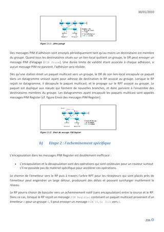 30/01/2010




Des messages PIM d'adhésion sont envoyés périodiquement tant qu'au moins un destinataire est membre
du groupe. Quand tous les destinataires situés sur un lien-local quittent un groupe, le DR peut envoyer un
message PIM d'élagage (PIM Prune). Une durée limite de validité étant associée à chaque adhésion, si
aucun message PIM ne parvient, l'adhésion sera résiliée.

Dès qu'une station émet un paquet multicast vers un groupe, le DR de son lien-local encapsule ce paquet
dans un datagramme unicast ayant pour adresse de destination le RP associé au groupe. Lorsque le RP
reçoit ce datagramme, il décapsule le paquet multicast, et le propage sur le RPT associé au groupe. Le
paquet est dupliqué aux nœuds qui forment de nouvelles branches, et donc parvient à l'ensemble des
destinataires membres du groupe. Les datagrammes ayant encapsulé les paquets multicast sont appelés
messages PIM Register (cf. figure Envoi des messages PIM Register).




                     b)     Etape 2 : l'acheminement spécifique


L'encapsulation dans les messages PIM Register est doublement inefficace :

      L'encapsulation et la décapsulation sont des opérations qui sont coûteuses pour un routeur surtout
       s'il ne possède pas de matériel spécifique pour accélérer ces opérations.

Le chemin de l'émetteur vers le RP puis à travers l'arbre RPT pour les récepteurs qui sont placés près de
l'émetteur peut engendrer un large détour, produisant des délais et pouvant surcharger inutilement le
réseau.

Le RP pourra choisir de basculer vers un acheminement natif (sans encapsulation) entre la source et le RP.
Dans ce cas, lorsque le RP reçoit un message PIM Register contenant un paquet multicast provenant d'un
émetteur S pour un groupe G, il peut envoyer un message PIM (S,G) Join vers S.




                                                                                                   206
 