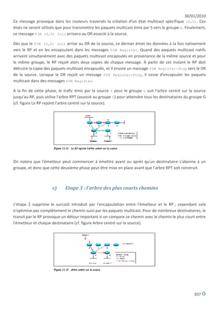 30/01/2010
Ce message provoque dans les routeurs traversés la création d'un état multicast spécifique (S,G). Ces
états ne seront utilisés que pour transmettre les paquets multicast émis par S vers le groupe G. Finalement,
ce message PIM (S,G) Join arrivera au DR associé à la source.

Dès que le PIM (S,G) Join arrive au DR de la source, ce dernier émet les données à la fois nativement
vers le RP et en les encapsulant dans les messages PIM Register. Quand des paquets multicast natifs
arrivent simultanément avec des paquets multicast encapsulés en provenance de la même source et pour
le même groupe, le RP reçoit alors deux copies de chaque message. À partir de cet instant le RP doit
détruire la copie des paquets multicast encapsulés, et il envoie un message PIM Register-Stop vers le DR
de la source. Lorsque le DR reçoit un message PIM Register-Stop, il cesse d'encapsuler les paquets
multicast dans des messages PIM Register.

A la fin de cette phase, le trafic émis par la source S pour le groupe G suit l'arbre centré sur la source
jusqu'au RP, puis utilise l'arbre RPT (associé au groupe G) pour atteindre tous les destinataires du groupe G
(cf. figure Le RP rejoint l'arbre centré sur la source).




On notera que l'émetteur peut commencer à émettre avant ou après qu'un destinataire s'abonne à un
groupe, et donc que cette deuxième phase peut être mise en place avant que l'arbre RPT soit construit.



                      c)     Etape 3 : l'arbre des plus courts chemins


L'étape 2 supprime le surcoût introduit par l'encapsulation entre l'émetteur et le RP ; cependant cela
n'optimise pas complètement le chemin suivi par les paquets multicast. Pour de nombreux destinataires, le
transit par le RP provoque un détour important si on compare ce chemin avec le chemin le plus court entre
l'émetteur et chaque destinataire (cf. figure Arbre centré sur la source).




                                                                                                      207
 