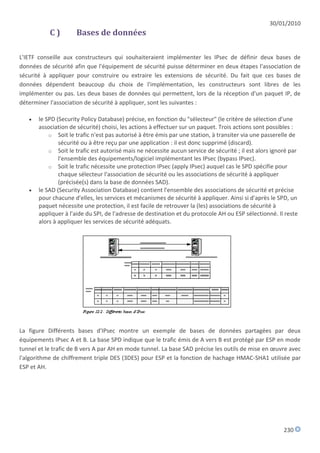 30/01/2010
           C)         Bases de données

L'IETF conseille aux constructeurs qui souhaiteraient implémenter les IPsec de définir deux bases de
données de sécurité afin que l'équipement de sécurité puisse déterminer en deux étapes l'association de
sécurité à appliquer pour construire ou extraire les extensions de sécurité. Du fait que ces bases de
données dépendent beaucoup du choix de l'implémentation, les constructeurs sont libres de les
implémenter ou pas. Les deux bases de données qui permettent, lors de la réception d'un paquet IP, de
déterminer l'association de sécurité à appliquer, sont les suivantes :

      le SPD (Security Policy Database) précise, en fonction du "sélecteur" (le critère de sélection d'une
       association de sécurité) choisi, les actions à effectuer sur un paquet. Trois actions sont possibles :
           o Soit le trafic n'est pas autorisé à être émis par une station, à transiter via une passerelle de
               sécurité ou à être reçu par une application : il est donc supprimé (discard).
           o Soit le trafic est autorisé mais ne nécessite aucun service de sécurité ; il est alors ignoré par
               l'ensemble des équipements/logiciel implémentant les IPsec (bypass IPsec).
           o Soit le trafic nécessite une protection IPsec (apply IPsec) auquel cas le SPD spécifie pour
               chaque sélecteur l'association de sécurité ou les associations de sécurité à appliquer
               (précisée(s) dans la base de données SAD).
      le SAD (Security Association Database) contient l'ensemble des associations de sécurité et précise
       pour chacune d'elles, les services et mécanismes de sécurité à appliquer. Ainsi si d'après le SPD, un
       paquet nécessite une protection, il est facile de retrouver la (les) associations de sécurité à
       appliquer à l'aide du SPI, de l'adresse de destination et du protocole AH ou ESP sélectionné. Il reste
       alors à appliquer les services de sécurité adéquats.




La figure Différents bases d'IPsec montre un exemple de bases de données partagées par deux
équipements IPsec A et B. La base SPD indique que le trafic émis de A vers B est protégé par ESP en mode
tunnel et le trafic de B vers A par AH en mode tunnel. La base SAD précise les outils de mise en œuvre avec
l'algorithme de chiffrement triple DES (3DES) pour ESP et la fonction de hachage HMAC-SHA1 utilisée par
ESP et AH.




                                                                                                        230
 