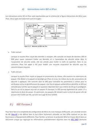 30/01/2010
                        d)   Interactions entre IKE et IPsec


Les interactions entre IKE et IPsec sont représentées par le schéma de la figure Interactions de IKEv1 avec
IPsec. Deux types de traitement sont envisagés :




      Trafic sortant

       Lorsque la couche IPsec reçoit des données à envoyer, elle consulte ses bases de données SPD et
       SAD pour savoir comment traiter ces données et si l'association de sécurité existe déjà. Si
       l'association de sécurité existe, elle est utilisée pour traiter le trafic en question. Dans le cas
       contraire, IPsec fait appel à IKE pour établir une nouvelle association de sécurité avec les
       caractéristiques requises.

      Trafic entrant

       Lorsque la couche IPsec reçoit un paquet en provenance du réseau, elle examine les extensions du
       paquet. Elle déduit si le paquet est protégé par IPsec et si oui, les indices du ou des associations de
       sécurité à appliquer. Elle consulte alors le SAD pour connaître les paramètres à utiliser pour la
       vérification et/ou le déchiffrement du paquet. Une fois le paquet authentifié et déchiffré, le SPD est
       consulté pour vérifier que le paquet en question répondait bien aux critères du SA qui le protégeait.
       Dans le cas où le paquet reçu est un paquet IP classique, le SPD permet également de savoir s'il a
       néanmoins le droit de passer. En particulier, les paquets IKE doivent avoir le droit de passer afin de
       pouvoir être traités par IKE, qui sera seul juge de leur validité.




       8)     IKE Version 2

Pour faire face à la complexité de configuration de IKEv1 et à son manque d'efficacité, une seconde version
de IKE [Kau-id] a été définie dans le but d'être facilement utilisable sur des VPNs mettant en jeu des
fournisseurs d'équipements différents. Pour faciliter sa lecture, le protocole IKEv2 se trouve décrit dans un
document unique qui regroupe les informations précédemment réparties dans les RFC 2407 (domaine

                                                                                                       244
 