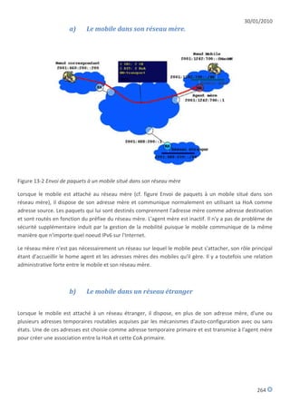 30/01/2010
                     a)      Le mobile dans son réseau mère.




Figure 13-2 Envoi de paquets à un mobile situé dans son réseau mère

Lorsque le mobile est attaché au réseau mère (cf. figure Envoi de paquets à un mobile situé dans son
réseau mère), il dispose de son adresse mère et communique normalement en utilisant sa HoA comme
adresse source. Les paquets qui lui sont destinés comprennent l'adresse mère comme adresse destination
et sont routés en fonction du préfixe du réseau mère. L'agent mère est inactif. Il n'y a pas de problème de
sécurité supplémentaire induit par la gestion de la mobilité puisque le mobile communique de la même
manière que n'importe quel noeud IPv6 sur l'Internet.

Le réseau mère n'est pas nécessairement un réseau sur lequel le mobile peut s'attacher, son rôle principal
étant d'accueillir le home agent et les adresses mères des mobiles qu'il gère. Il y a toutefois une relation
administrative forte entre le mobile et son réseau mère.



                     b)      Le mobile dans un réseau étranger


Lorsque le mobile est attaché à un réseau étranger, il dispose, en plus de son adresse mère, d'une ou
plusieurs adresses temporaires routables acquises par les mécanismes d'auto-configuration avec ou sans
états. Une de ces adresses est choisie comme adresse temporaire primaire et est transmise à l'agent mère
pour créer une association entre la HoA et cette CoA primaire.




                                                                                                     264
 