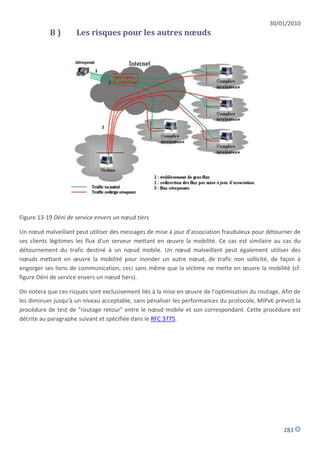 30/01/2010
           B)        Les risques pour les autres nœuds




Figure 13-19 Déni de service envers un nœud tiers

Un nœud malveillant peut utiliser des messages de mise à jour d'association frauduleux pour détourner de
ses clients légitimes les flux d'un serveur mettant en œuvre la mobilité. Ce cas est similaire au cas du
détournement du trafic destiné à un nœud mobile. Un nœud malveillant peut également utiliser des
nœuds mettant en œuvre la mobilité pour inonder un autre nœud, de trafic non sollicité, de façon à
engorger ses liens de communication, ceci sans même que la victime ne mette en œuvre la mobilité (cf.
figure Déni de service envers un nœud tiers).

On notera que ces risques sont exclusivement liés à la mise en œuvre de l'optimisation du routage. Afin de
les diminuer jusqu'à un niveau acceptable, sans pénaliser les performances du protocole, MIPv6 prévoit la
procédure de test de "routage retour" entre le nœud mobile et son correspondant. Cette procédure est
décrite au paragraphe suivant et spécifiée dans le RFC 3775.




                                                                                                   283
 