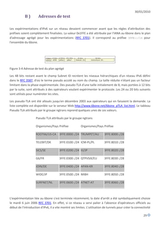 30/01/2010
            B)        Adresses de test

Les expérimentations d'IPv6 sur un réseau devaient commencer avant que les règles d'attribution des
préfixes soient complètement finalisées. La valeur 0x1FFE a été attribuée par l'IANA au 6bone dans le plan
d'adressage agrégé pour les expérimentations (RFC 3701). Il correspond au préfixe 3FFE::/16 pour
l'ensemble du 6bone.




Figure 3-4 Adresse de test du plan agrégé

Les 48 bits restant avant le champ Subnet ID recréent les niveaux hiérarchiques d'un réseau IPv6 défini
dans le RFC 3587, d'où le terme pseudo accolé au nom du champ. La taille réduite n'étant pas un facteur
limitant dans la phase expérimentale. Des pseudo-TLA d'une taille initialement de 8, mais portées à 12 bits
par la suite, sont attribués à des opérateurs voulant expérimenter le protocole. Les 24 ou 20 bits suivants
sont utilisés pour numéroter les sites.

Les pseudo-TLA ont été alloués jusqu'en décembre 2003 aux opérateurs qui en faisaient la demande. La
liste complète est disponible sur le serveur Web http://www.6bone.net/6bone_pTLA_list.html. Le tableau
Pseudo TLA attribués par le groupe ngtrans reprend quelques unes de ces valeurs.

                     Pseudo TLA attribués par le groupe ngtrans

                     Organismes/Pays Préfixe             Organismes/Pays Préfixe

                     ROOT66/US-CA 3FFE:0000::/24 TRUMPET/AU                 3FFE:8000::/28

                     TELEBIT/DK        3FFE:0100::/24 ICM-PL/PL             3FFE:8010::/28

                     SICS/SE           3FFE:0200::/24 IIJ/JP                3FFE:8020::/28

                     G6/FR             3FFE:0300::/24 QTPVSIX/EU            3FFE:8030::/28

                     JOIN/DE           3FFE:0400::/24 APAN-KR               3FFE:8040::/28

                     WIDE/JP           3FFE:0500::/24 MIBH                  3FFE:8050::/28

                     SURFNET/NL        3FFE:0600::/24 ATNET-AT              3FFE:8060::/28



L'expérimentation liée au 6bone s'est terminée récemment; la date d'arrêt a été symboliquement choisie
le mardi 6 juin 2006 RFC 3701. En effet, si ce réseau a servi palier à l'absence d'opérateurs officiels au
début de l'introduction d'IPv6, il a vite montré ses limites. L'utilisation de tunnels pour créer la connectivité

                                                                                                           29
 
