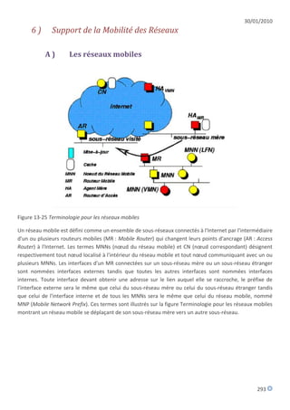 30/01/2010
     6)       Support de la Mobilité des Réseaux

           A)        Les réseaux mobiles




Figure 13-25 Terminologie pour les réseaux mobiles

Un réseau mobile est défini comme un ensemble de sous-réseaux connectés à l'Internet par l'intermédiaire
d'un ou plusieurs routeurs mobiles (MR : Mobile Router) qui changent leurs points d'ancrage (AR : Access
Router) à l'Internet. Les termes MNNs (nœud du réseau mobile) et CN (nœud correspondant) désignent
respectivement tout nœud localisé à l'intérieur du réseau mobile et tout nœud communiquant avec un ou
plusieurs MNNs. Les interfaces d'un MR connectées sur un sous-réseau mère ou un sous-réseau étranger
sont nommées interfaces externes tandis que toutes les autres interfaces sont nommées interfaces
internes. Toute interface devant obtenir une adresse sur le lien auquel elle se raccroche, le préfixe de
l'interface externe sera le même que celui du sous-réseau mère ou celui du sous-réseau étranger tandis
que celui de l'interface interne et de tous les MNNs sera le même que celui du réseau mobile, nommé
MNP (Mobile Network Prefix). Ces termes sont illustrés sur la figure Terminologie pour les réseaux mobiles
montrant un réseau mobile se déplaçant de son sous-réseau mère vers un autre sous-réseau.




                                                                                                   293
 