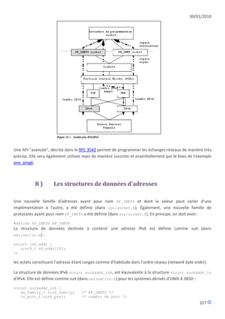 30/01/2010




Une API "avancée", décrite dans le RFC 3542 permet de programmer les échanges réseaux de manière très
précise. Elle sera également utilisée mais de manière succinte et essentiellement par le biais de l'exemple
one_ping6.



           B)        Les structures de données d'adresses

Une nouvelle famille d'adresses ayant pour nom AF_INET6 et dont la valeur peut varier d'une
implémentation à l'autre, a été définie (dans sys/socket.h). Également, une nouvelle famille de
protocoles ayant pour nom PF_INET6 a été définie (dans sys/socket.h). En principe, on doit avoir :

#define PF_INET6 AF_INET6
La structure de données destinée à contenir une adresse IPv6 est définie comme suit (dans
netinet/in.h) :

struct in6_addr {
   uint8_t s6_addr[16];
};

les octets constituant l'adresse étant rangés comme d'habitude dans l'ordre réseau (network byte order).

La structure de données IPv6 struct sockaddr_in6, est équivalente à la structure struct sockaddr_in
d'IPv4. Elle est définie comme suit (dans netinet/in.h) pour les systèmes dérivés d'UNIX 4.3BSD :

struct sockaddr_in6 {
   sa_family_t sin6_family;         /* AF_INET6 */
   in_port_t sin6_port;             /* numéro de port */
                                                                                                    327
 