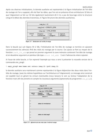 30/01/2010
Après ces diverses initialisations, la donnée auxiliaire est représentée à la figure Initialisation de l'en-tête
de routage où l'on a supposé, afin de fixer les idées, que l'on est en présence d'une architecture 32 bits et
que l'alignement se fait sur 32 bits également (autrement dit il n'y a pas de bourrage entre la structure
cmsg et le début des données transmises, cf. figure Structure des données auxiliaires).




Dans la boucle qui suit (lignes 54 à 58), l'initialisation de l'en-tête de routage se termine en ajoutant
successivement les adresses IPv6 des relais du routage par la source. Ces ajouts se font au moyen de la
fonction inet6_rth_add qui prend en premier argument la zone mémoire contenant l'en-tête de routage
et en deuxième argument un pointeur (de type struct in6_addr *) vers l'adresse du relais à ajouter.

A l'issue de cette boucle, si l'on reprend l'exemple qui nous a servi à présenter la nouvelle version de la
commande one_ping6 :
$ xapi_ping6 www.kame.net relais.imag.fr ipv6.imag.fr

la donnée auxiliaire sera maintenant comme représentée à la figure Adjonction des deux relais dans l'en-
tête de routage, (avec les mêmes hypothèses sur l'architecture et l'alignement). Le message ainsi construit
est expédié tout en gérant les erreurs éventuelles (nous laissons le soin au lecteur l'adaptation de la
fonction main afin de prendre en compte les nouveaux arguments (optionnels) du programme one_ping6).




                                                                                                         364
 