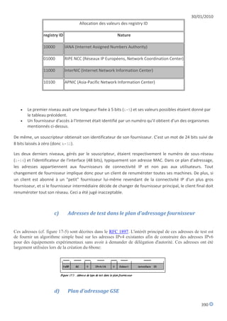 30/01/2010
                                     Allocation des valeurs des registry ID

                registry ID                               Nature

                10000         IANA (Internet Assigned Numbers Authority)

                01000         RIPE NCC (Réseaux IP Européens, Network Coordination Center)

                11000         InterNIC (Internet Network Information Center)

                10100         APNIC (Asia-Pacific Network Information Center)




      Le premier niveau avait une longueur fixée à 5 bits (i=5) et ses valeurs possibles étaient donné par
       le tableau précédent.
      Un fournisseur d'accès à l’Internet était identifié par un numéro qu'il obtient d’un des organismes
       mentionnés ci-dessus.

De même, un souscripteur obtienait son identificateur de son fournisseur. C’est un mot de 24 bits suivi de
8 bits laissés à zéro (donc k=32).

Les deux derniers niveaux, gérés par le souscripteur, étaient respectivement le numéro de sous-réseau
(l=16) et l'identificateur de l'interface (48 bits), typiquement son adresse MAC. Dans ce plan d'adressage,
les adresses appartiennent aux fournisseurs de connectivité IP et non pas aux utilisateurs. Tout
changement de fournisseur implique donc pour un client de renuméroter toutes ses machines. De plus, si
un client est abonné à un "petit" fournisseur lui-même revendant de la connectivité IP d'un plus gros
fournisseur, et si le fournisseur intermédiaire décide de changer de fournisseur principal, le client final doit
renuméroter tout son réseau. Ceci a été jugé inacceptable.



                      c)       Adresses de test dans le plan d'adressage fournisseur


Ces adresses (cf. figure 17-5) sont décrites dans le RFC 1897. L'intérêt principal de ces adresses de test est
de fournir un algorithme simple basé sur les adresses IPv4 existantes afin de construire des adresses IPv6
pour des équipements expérimentaux sans avoir à demander de délégation d'autorité. Ces adresses ont été
largement utilisées lors de la création du 6bone:




                      d)       Plan d'adressage GSE

                                                                                                         390
 