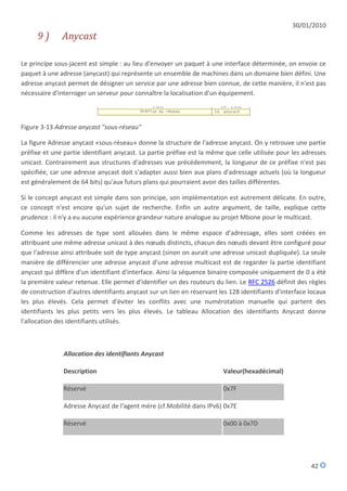 30/01/2010
     9)       Anycast

Le principe sous-jacent est simple : au lieu d'envoyer un paquet à une interface déterminée, on envoie ce
paquet à une adresse (anycast) qui représente un ensemble de machines dans un domaine bien défini. Une
adresse anycast permet de désigner un service par une adresse bien connue, de cette manière, il n'est pas
nécessaire d'interroger un serveur pour connaître la localisation d'un équipement.



Figure 3-13 Adresse anycast "sous-réseau"

La figure Adresse anycast «sous-réseau» donne la structure de l'adresse anycast. On y retrouve une partie
préfixe et une partie identifiant anycast. La partie préfixe est la même que celle utilisée pour les adresses
unicast. Contrairement aux structures d'adresses vue précédemment, la longueur de ce préfixe n'est pas
spécifiée, car une adresse anycast doit s'adapter aussi bien aux plans d'adressage actuels (où la longueur
est généralement de 64 bits) qu'aux futurs plans qui pourraient avoir des tailles différentes.

Si le concept anycast est simple dans son principe, son implémentation est autrement délicate. En outre,
ce concept n'est encore qu'un sujet de recherche. Enfin un autre argument, de taille, explique cette
prudence : il n'y a eu aucune expérience grandeur nature analogue au projet Mbone pour le multicast.

Comme les adresses de type sont allouées dans le même espace d'adressage, elles sont créées en
attribuant une même adresse unicast à des nœuds distincts, chacun des nœuds devant être configuré pour
que l'adresse ainsi attribuée soit de type anycast (sinon on aurait une adresse unicast dupliquée). La seule
manière de différencier une adresse anycast d'une adresse multicast est de regarder la partie identifiant
anycast qui diffère d'un identifiant d'interface. Ainsi la séquence binaire composée uniquement de 0 a été
la première valeur retenue. Elle permet d'identifier un des routeurs du lien. Le RFC 2526 définit des règles
de construction d'autres identifiants anycast sur un lien en réservant les 128 identifiants d'interface locaux
les plus élevés. Cela permet d'éviter les conflits avec une numérotation manuelle qui partent des
identifiants les plus petits vers les plus élevés. Le tableau Allocation des identifiants Anycast donne
l'allocation des identifiants utilisés.



               Allocation des identifiants Anycast

               Description                                              Valeur(hexadécimal)

               Réservé                                                  0x7F

               Adresse Anycast de l'agent mère (cf.Mobilité dans IPv6) 0x7E

               Réservé                                                  0x00 à 0x7D




                                                                                                        42
 