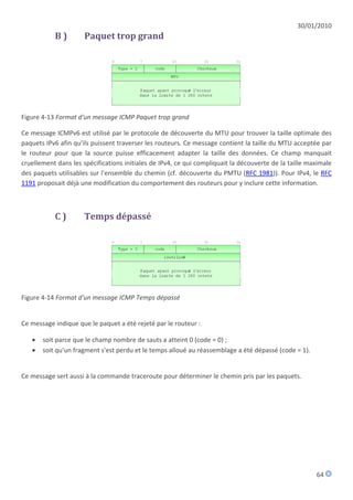 30/01/2010
           B)         Paquet trop grand




Figure 4-13 Format d'un message ICMP Paquet trop grand

Ce message ICMPv6 est utilisé par le protocole de découverte du MTU pour trouver la taille optimale des
paquets IPv6 afin qu'ils puissent traverser les routeurs. Ce message contient la taille du MTU acceptée par
le routeur pour que la source puisse efficacement adapter la taille des données. Ce champ manquait
cruellement dans les spécifications initiales de IPv4, ce qui compliquait la découverte de la taille maximale
des paquets utilisables sur l'ensemble du chemin (cf. découverte du PMTU (RFC 1981)). Pour IPv4, le RFC
1191 proposait déjà une modification du comportement des routeurs pour y inclure cette information.



           C)         Temps dépassé




Figure 4-14 Format d'un message ICMP Temps dépassé


Ce message indique que le paquet a été rejeté par le routeur :

      soit parce que le champ nombre de sauts a atteint 0 (code = 0) ;
      soit qu'un fragment s'est perdu et le temps alloué au réassemblage a été dépassé (code = 1).


Ce message sert aussi à la commande traceroute pour déterminer le chemin pris par les paquets.




                                                                                                       64
 