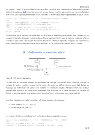 30/01/2010
est toujours correct (il a pu tomber en panne ou être remplacé avec changement d'adresse Ethernet) en
utilisant le protocole NUD. Aussi de temps en temps, chaque machine va émettre une trame sollicitation
d'un voisin. Une réponse (annonce de voisin avec le bit S) montre que le correspondant est toujours valide.

Ethernet Src : 1a:0:20:c:7a:34 Dst : 8:0:20:a:aa:6d Type : 0x86dd
IPv6
 Source : fe80::1800:20ff:fe0c:7a34 (ganesha, lien-local)
 Desti. : 3ffe:302:12:3:a00:20ff:fe0a:aa6d (uma)
ICMPv6
 Type : 135 (0x87, Sollicitation de voisin) Code : 0
 Cible : 3f fe 03 02 00 12 00 03 0a 00 20 ff fe 0a aa 6d
Option : aucune

On remarque que le message de sollicitation est directement adressé au destinataire, avec l'adresse qui est
enregistrée dans les tables de correspondance. Si une réponse n'arrive pas, la machine émettrice effacera
l'entrée de son cache «Résolution de voisin». Tout trafic ultérieur reprendra l'enquête de résolution au
début, avec diffusion vers l'adresse multicast sollicité-- au cas où l'adresse Ethernet aurait changée.



                     b)     Configuration de la route par défaut




Figure 5-10 Annonces du routeur

En IPv6 seuls les routeurs utilisent des protocoles de routage pour définir leurs tables de routage. Le
routage des autres machines repose sur la notion de route par défaut. Comme avec IPv4, l'envoi de
messages de redirection est utilisé pour installer de meilleures routes. Périodiquement les routeurs
envoient des Annonces du routeur qui permettent aux machines sur le câble de choisir un routeur par
défaut, et aussi de calculer leur adresse (dans le mode d'auto-configuration sans état stateless).


Un même câble Ethernet relie 3 machines (cf. figure Annonces de routeurs) :

      deux routeurs ganesha et tuna,
      et une autre machine uma.



Les routeurs émettent périodiquement sur le réseau des messages d'annonce.

Ethernet Src : 1a:0:20:c:7a:34 Dst : 33:33:0:0:0:1 Type : 0x86dd
IPv6
 Version : 6 Classe : 0xf Label : 000000
 Longueur : 56 octets (0x0038) Protocole : 58 (0x3a, ICMPv6)
                                                                                                     78
 