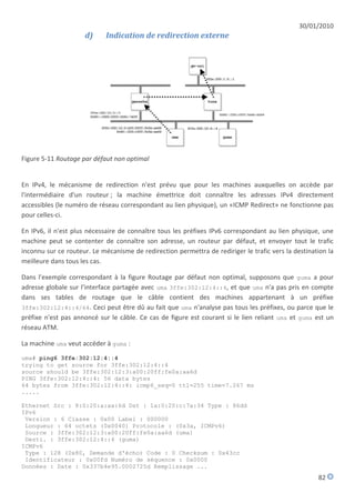 30/01/2010
                     d)     Indication de redirection externe




Figure 5-11 Routage par défaut non optimal


En IPv4, le mécanisme de redirection n'est prévu que pour les machines auxquelles on accède par
l'intermédiaire d'un routeur ; la machine émettrice doit connaître les adresses IPv4 directement
accessibles (le numéro de réseau correspondant au lien physique), un «ICMP Redirect» ne fonctionne pas
pour celles-ci.

En IPv6, il n'est plus nécessaire de connaître tous les préfixes IPv6 correspondant au lien physique, une
machine peut se contenter de connaître son adresse, un routeur par défaut, et envoyer tout le trafic
inconnu sur ce routeur. Le mécanisme de redirection permettra de rediriger le trafic vers la destination la
meilleure dans tous les cas.

Dans l'exemple correspondant à la figure Routage par défaut non optimal, supposons que guma a pour
adresse globale sur l'interface partagée avec uma 3ffe:302:12:4::4, et que uma n'a pas pris en compte
dans ses tables de routage que le câble contient des machines appartenant à un préfixe
3ffe:302:12:4::4/64. Ceci peut être dû au fait que uma n'analyse pas tous les préfixes, ou parce que le
préfixe n'est pas annoncé sur le câble. Ce cas de figure est courant si le lien reliant uma et guma est un
réseau ATM.

La machine uma veut accéder à guma :
uma# ping6 3ffe:302:12:4::4
trying to get source for 3ffe:302:12:4::4
source should be 3ffe:302:12:3:a00:20ff:fe0a:aa6d
PING 3ffe:302:12:4::4: 56 data bytes
64 bytes from 3ffe:302:12:4::4: icmp6_seq=0 ttl=255 time=7.267 ms
.....

Ethernet Src : 8:0:20:a:aa:6d Dst : 1a:0:20:c:7a:34 Type : 86dd
IPv6
 Version : 6 Classe : 0x00 Label : 000000
 Longueur : 64 octets (0x0040) Protocole : (0x3a, ICMPv6)
 Source : 3ffe:302:12:3:a00:20ff:fe0a:aa6d (uma)
 Desti. : 3ffe:302:12:4::4 (guma)
ICMPv6
 Type : 128 (0x80, Demande d'écho) Code : 0 Checksum : 0x43cc
 Identificateur : 0x00fd Numéro de séquence : 0x0000
Données : Date : 0x337b4e95.0002725d Remplissage ...
                                                                                                     82
 