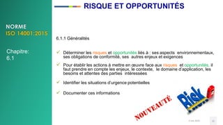 3 mai 2020 21
6.1.1 Généralités
 Déterminer les risques et opportunités liés à : ses aspects environnementaux,
ses obligations de conformité, ses autres enjeux et exigences
 Pour établir les actions à mettre en œuvre face aux risques et opportunités, il
faut prendre en compte les enjeux, le contexte, le domaine d’application, les
besoins et attentes des parties intéressées
 Identifier les situations d’urgence potentielles
 Documenter ces informations
Chapitre:
6.1
RISQUE ET OPPORTUNITÉS
 