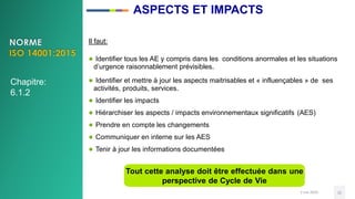 Il faut:
● Identifier tous les AE y compris dans les conditions anormales et les situations
d’urgence raisonnablement prévisibles.
● Identifier et mettre à jour les aspects maitrisables et « influençables » de ses
activités, produits, services.
● Identifier les impacts
● Hiérarchiser les aspects / impacts environnementaux significatifs (AES)
● Prendre en compte les changements
● Communiquer en interne sur les AES
● Tenir à jour les informations documentées
3 mai 2020 22
Tout cette analyse doit être effectuée dans une
perspective de Cycle de Vie
Chapitre:
6.1.2
ASPECTS ET IMPACTS
 