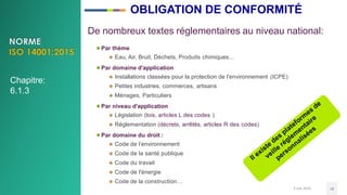 3 mai 2020 28
De nombreux textes réglementaires au niveau national:
●Par thème
 Eau, Air, Bruit, Déchets, Produits chimiques…
●Par domaine d'application
 Installations classées pour la protection de l'environnement (ICPE)
 Petites industries, commerces, artisans
 Ménages, Particuliers
●Par niveau d'application
 Législation (lois, articles L des codes )
 Réglementation (décrets, arrêtés, articles R des codes)
●Par domaine du droit :
 Code de l’environnement
 Code de la santé publique
 Code du travail
 Code de l'énergie
 Code de la construction…
Chapitre:
6.1.3
OBLIGATION DE CONFORMITÉ
 