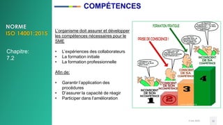 3 mai 2020 32
L’organisme doit assurer et développer
les compétences nécessaires pour le
SME
• L’expériences des collaborateurs
• La formation initiale
• La formation professionnelle
Afin de:
• Garantir l’application des
procédures
• D’assurer la capacité de réagir
• Participer dans l’amélioration
Chapitre:
7.2
COMPÉTENCES
 