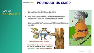 POURQUOI UN SME ?
2 mai 2020 5
 La pollution fait 9 millions de morts
 Huit millions de tonnes de déchets plastiques
déversées dans les océans chaque année
 Les populations d'espèces vertébrées ont diminué
de 60%
 