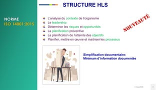 3 mai 2020 7
L’analyse du contexte de l’organisme
Le leadership
Déterminer les risques et opportunités
La planification préventive
La planification de l’atteinte des objectifs
Planifier, mettre en œuvre et maitriser les processus
Simplification documentaire:
Minimum d’information documentée
STRUCTURE HLS
 