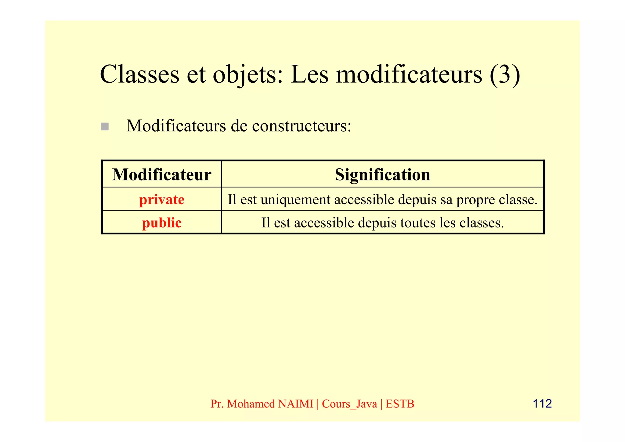 Classes et objets: Les modificateurs (3)
  Modificateurs de constructeurs:

 Modificateur                       Signification
    private      Il est uniquement accessible depuis sa propre classe.
    public             Il est accessible depuis toutes les classes.




              Pr. Mohamed NAIMI | Cours_Java | ESTB                   112
 