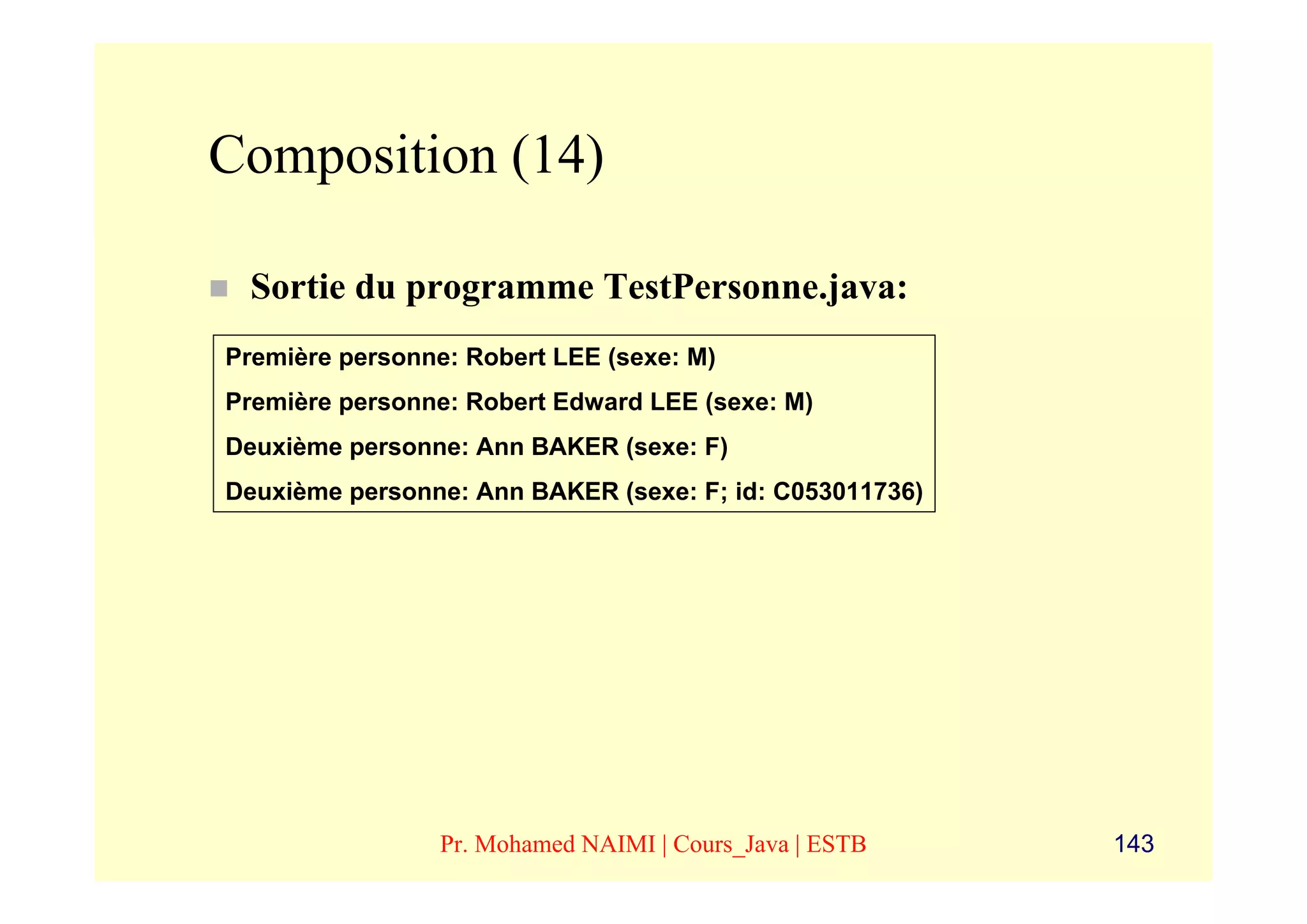 Composition (14)

 Sortie du programme TestPersonne.java:
Première personne: Robert LEE (sexe: M)
Première personne: Robert Edward LEE (sexe: M)
Deuxième personne: Ann BAKER (sexe: F)
Deuxième personne: Ann BAKER (sexe: F; id: C053011736)




                 Pr. Mohamed NAIMI | Cours_Java | ESTB   143
 