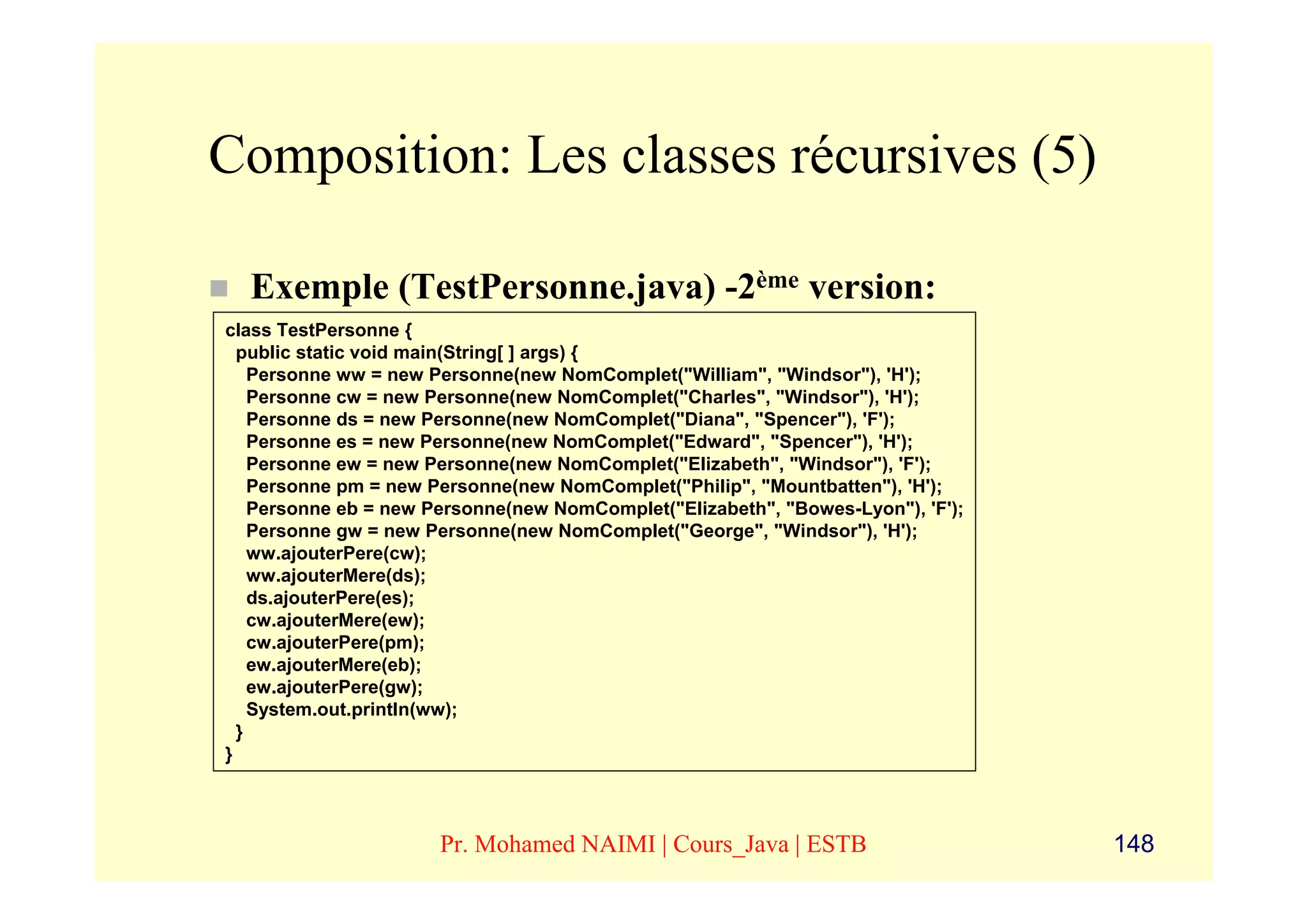 Composition: Les classes récursives (5)

  Exemple (TestPersonne.java) -2ème version:
class TestPersonne {
  public static void main(String[ ] args) {
    Personne ww = new Personne(new NomComplet("William", "Windsor"), 'H');
    Personne cw = new Personne(new NomComplet("Charles", "Windsor"), 'H');
    Personne ds = new Personne(new NomComplet("Diana", "Spencer"), 'F');
    Personne es = new Personne(new NomComplet("Edward", "Spencer"), 'H');
    Personne ew = new Personne(new NomComplet("Elizabeth", "Windsor"), 'F');
    Personne pm = new Personne(new NomComplet("Philip", "Mountbatten"), 'H');
    Personne eb = new Personne(new NomComplet("Elizabeth", "Bowes-Lyon"), 'F');
    Personne gw = new Personne(new NomComplet("George", "Windsor"), 'H');
    ww.ajouterPere(cw);
    ww.ajouterMere(ds);
    ds.ajouterPere(es);
    cw.ajouterMere(ew);
    cw.ajouterPere(pm);
    ew.ajouterMere(eb);
    ew.ajouterPere(gw);
    System.out.println(ww);
  }
}



                      Pr. Mohamed NAIMI | Cours_Java | ESTB                       148
 
