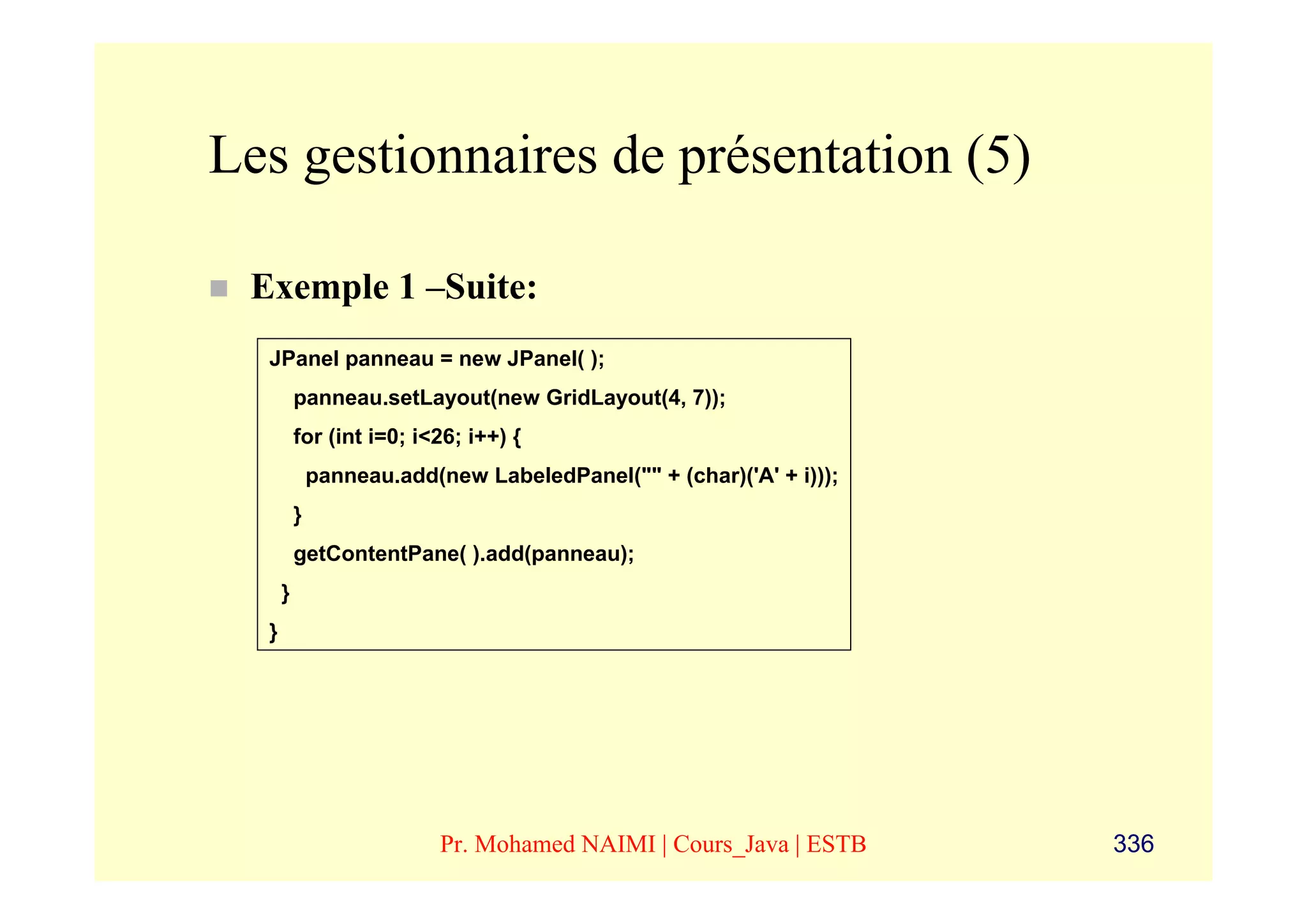 Les gestionnaires de présentation (5)

 Exemple 1 –Suite:
  JPanel panneau = new JPanel( );
          panneau.setLayout(new GridLayout(4, 7));
          for (int i=0; i<26; i++) {
              panneau.add(new LabeledPanel("" + (char)('A' + i)));
          }
          getContentPane( ).add(panneau);
      }
  }




                           Pr. Mohamed NAIMI | Cours_Java | ESTB     336
 