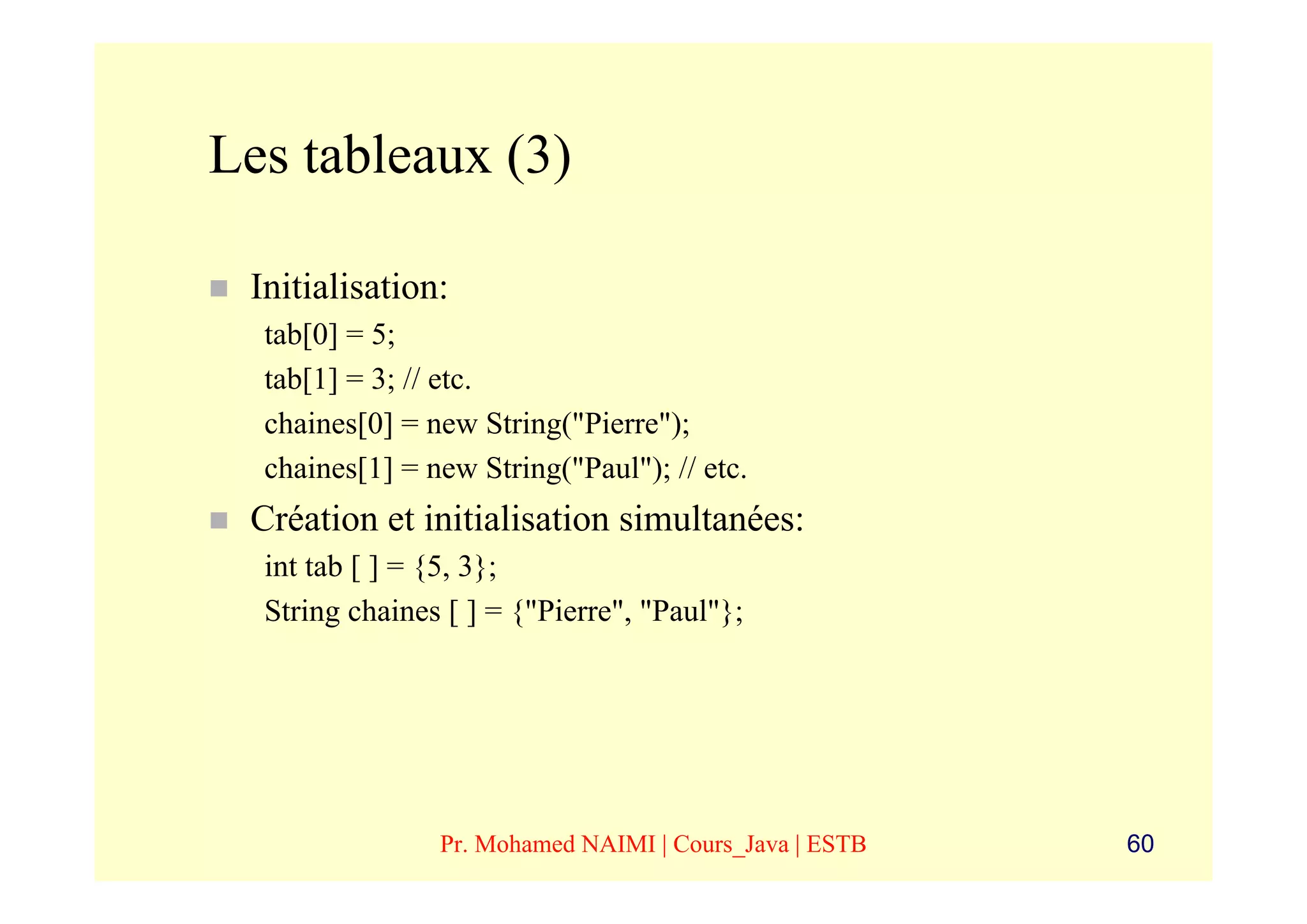 Les tableaux (3)

 Initialisation:
  tab[0] = 5;
  tab[1] = 3; // etc.
  chaines[0] = new String("Pierre");
  chaines[1] = new String("Paul"); // etc.
 Création et initialisation simultanées:
  int tab [ ] = {5, 3};
  String chaines [ ] = {"Pierre", "Paul"};




                Pr. Mohamed NAIMI | Cours_Java | ESTB   60
 