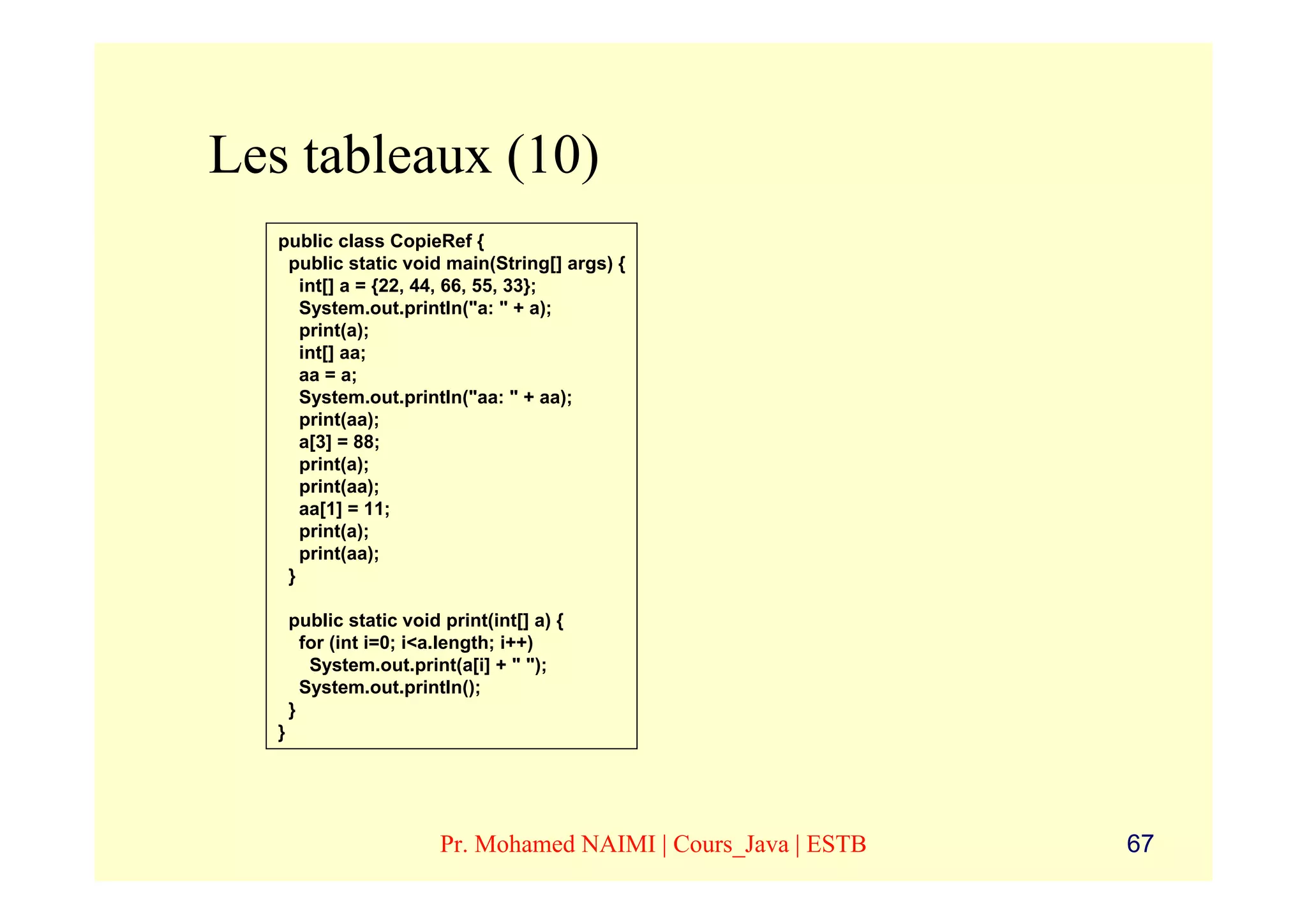 Les tableaux (10)
   public class CopieRef {
    public static void main(String[] args) {
      int[] a = {22, 44, 66, 55, 33};
      System.out.println("a: " + a);
      print(a);
      int[] aa;
      aa = a;
      System.out.println("aa: " + aa);
      print(aa);
      a[3] = 88;
      print(a);
      print(aa);
      aa[1] = 11;
      print(a);
      print(aa);
    }

       public static void print(int[] a) {
         for (int i=0; i<a.length; i++)
          System.out.print(a[i] + " ");
         System.out.println();
       }
   }




                          Pr. Mohamed NAIMI | Cours_Java | ESTB   67
 