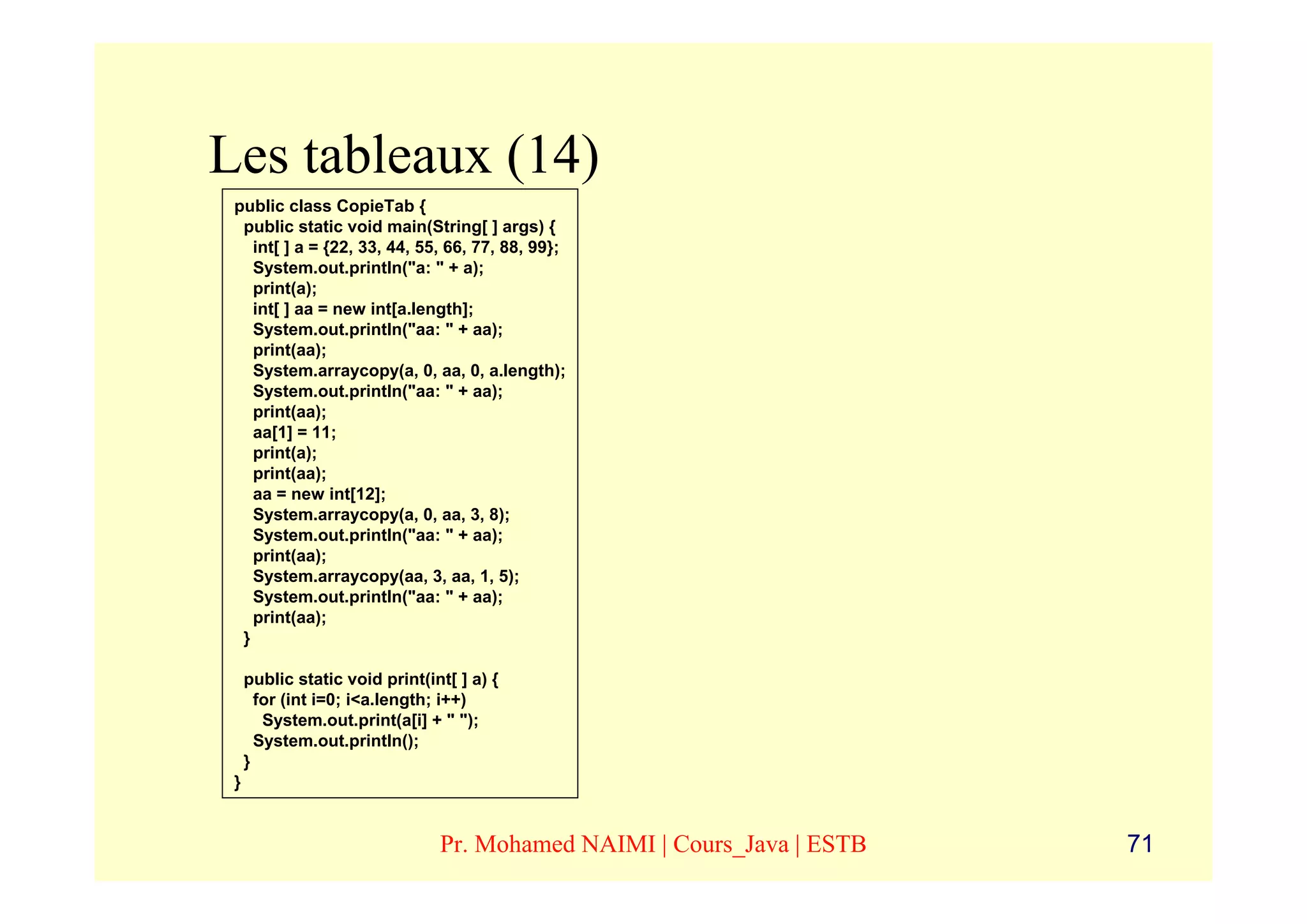 Les tableaux (14)
 public class CopieTab {
  public static void main(String[ ] args) {
    int[ ] a = {22, 33, 44, 55, 66, 77, 88, 99};
    System.out.println("a: " + a);
    print(a);
    int[ ] aa = new int[a.length];
    System.out.println("aa: " + aa);
    print(aa);
    System.arraycopy(a, 0, aa, 0, a.length);
    System.out.println("aa: " + aa);
    print(aa);
    aa[1] = 11;
    print(a);
    print(aa);
    aa = new int[12];
    System.arraycopy(a, 0, aa, 3, 8);
    System.out.println("aa: " + aa);
    print(aa);
    System.arraycopy(aa, 3, aa, 1, 5);
    System.out.println("aa: " + aa);
    print(aa);
  }

     public static void print(int[ ] a) {
       for (int i=0; i<a.length; i++)
        System.out.print(a[i] + " ");
       System.out.println();
     }
 }


                                Pr. Mohamed NAIMI | Cours_Java | ESTB   71
 