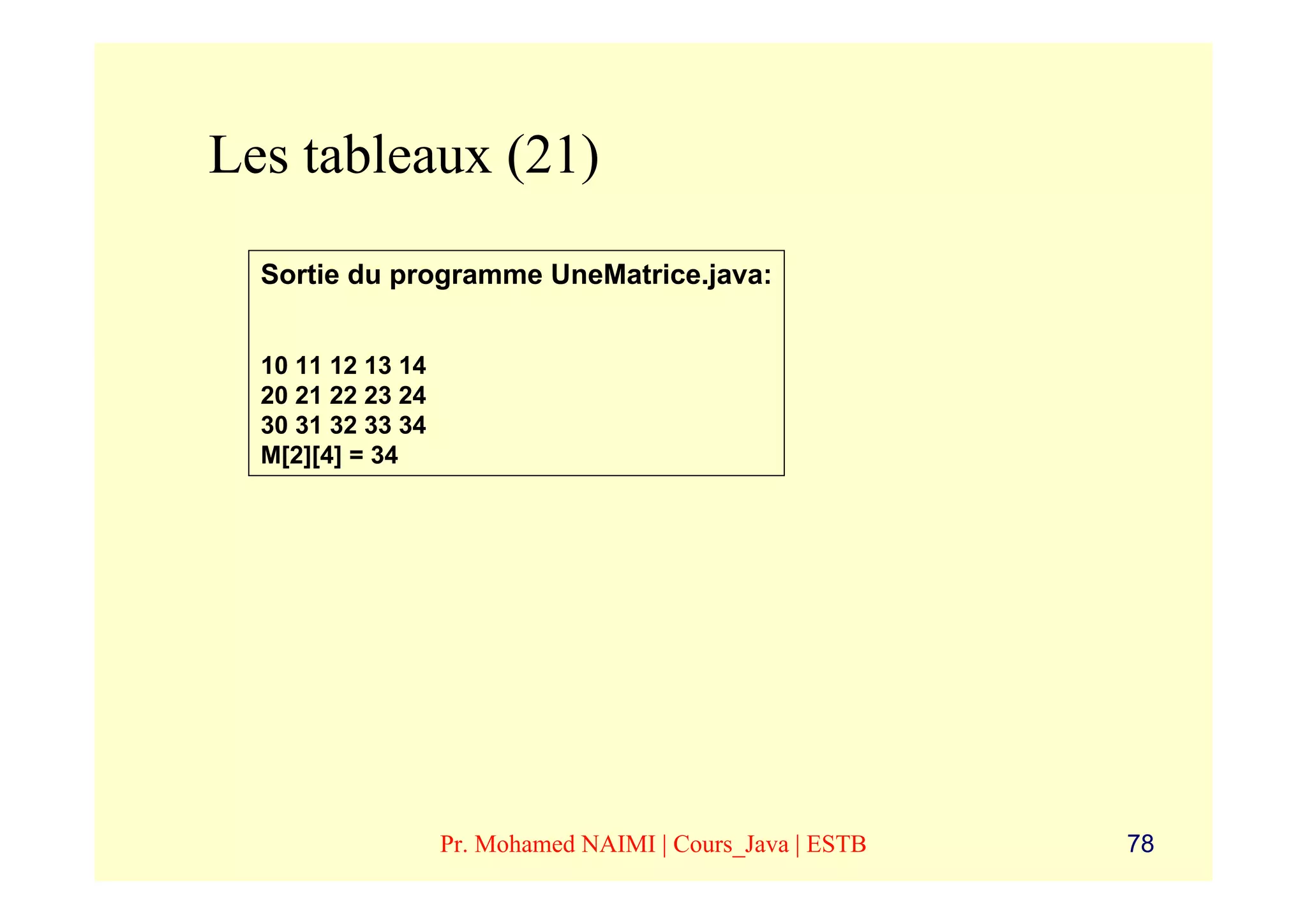 Les tableaux (21)
  Sortie du programme UneMatrice.java:


  10 11 12 13 14
  20 21 22 23 24
  30 31 32 33 34
  M[2][4] = 34




                   Pr. Mohamed NAIMI | Cours_Java | ESTB   78
 