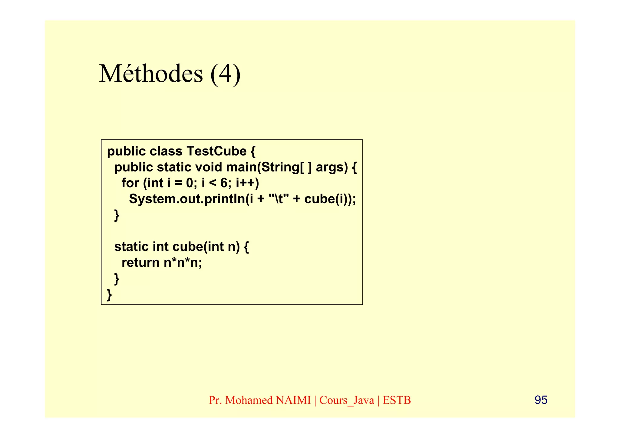 Méthodes (4)

public class TestCube {
 public static void main(String[ ] args) {
   for (int i = 0; i < 6; i++)
    System.out.println(i + "t" + cube(i));
 }

    static int cube(int n) {
      return n*n*n;
    }
}




                    Pr. Mohamed NAIMI | Cours_Java | ESTB   95
 