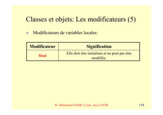 Classes et objets: Les modificateurs (5)
  Modificateurs de variables locales:

 Modificateur                      Signification
                     Elle doit être initialisée et ne peut pas être
     final
                                       modifiée.




             Pr. Mohamed NAIMI | Cours_Java | ESTB                    114
 