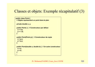 Classes et objets: Exemple récapitulatif (3)
public class Point {
 // Objets représentant un point dans le plan

 private double x, y;

 public Point( ) { // Constructeur par défaut
   x = 1.0;
   y = -1.0;
 }

 public Point(Point p) { // Constructeur de copie
   x = p.x;
   y = p.y;
 }

 public Point(double a, double b) { // Un autre constructeur
   x = a;
   y = b;
 }
…



                        Pr. Mohamed NAIMI | Cours_Java | ESTB   123
 